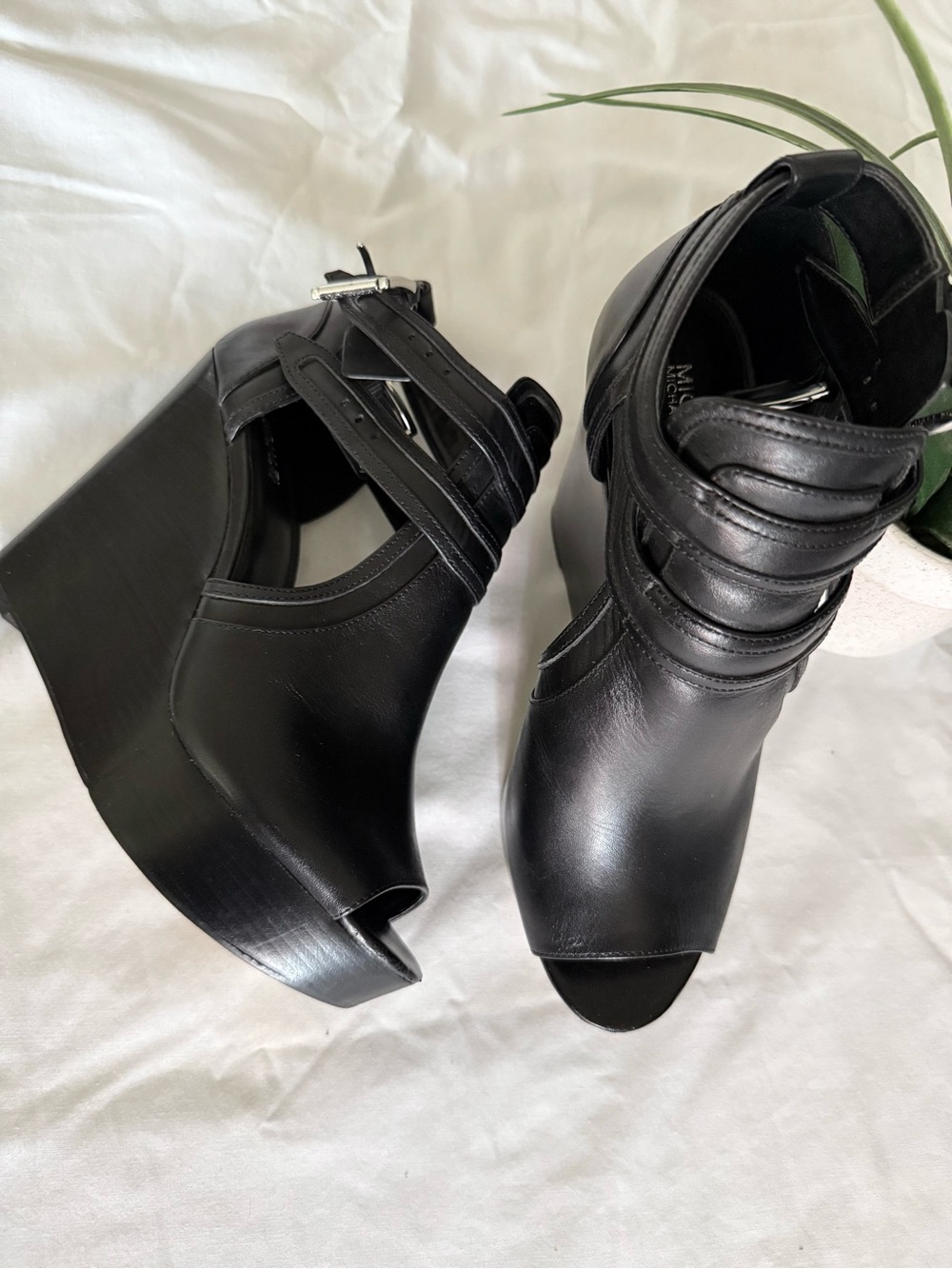 MICHAEL Michael Kors Black Peep-Toe Wedge Sandals with Buckle Straps - Picture 2 of 8